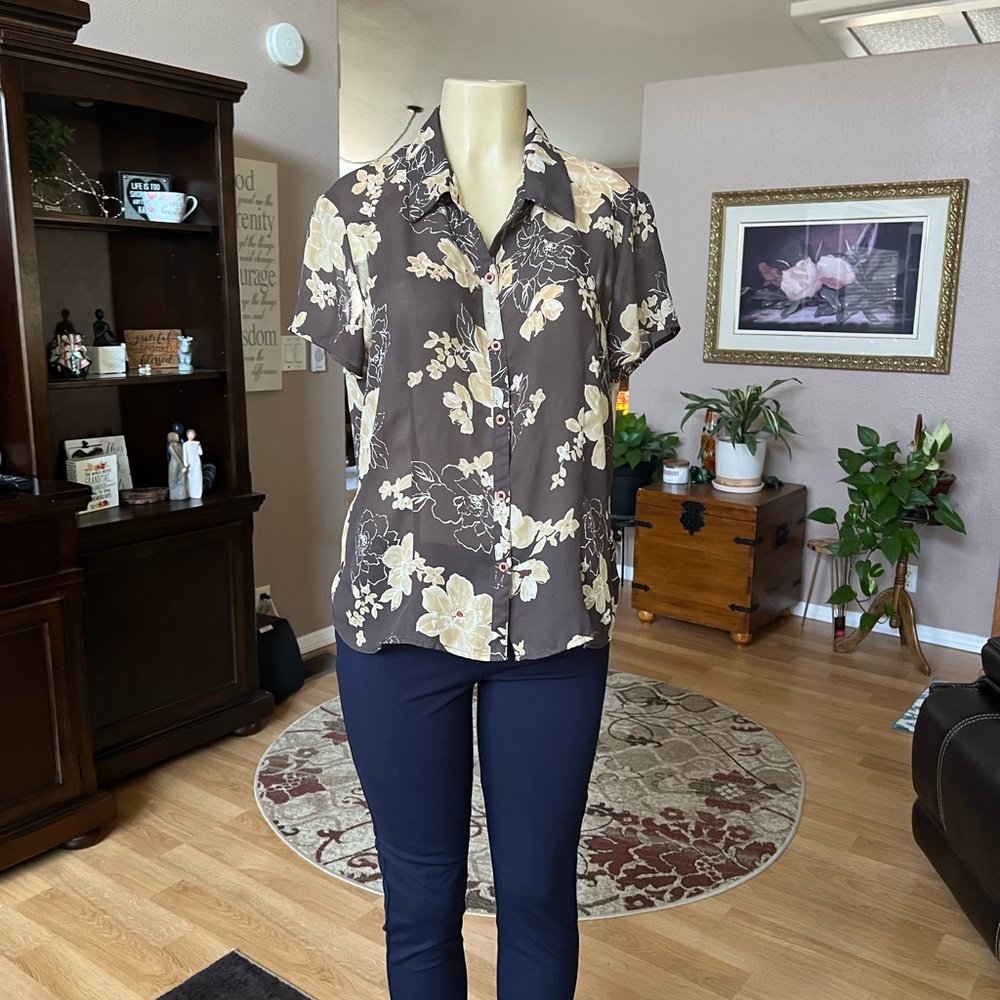 Rena Rowan brown, yellow & white sheer blouse-size M